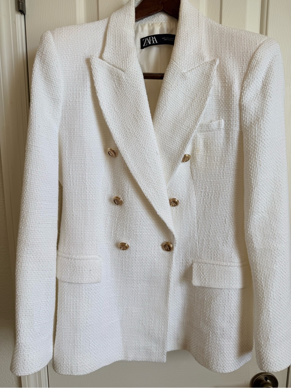 Zara Double-Breasted White Textured Blazer with Gold Buttons